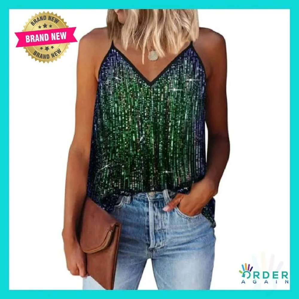 Sequin Sparkle Tank Top V Neck Adjustable Straps Plus Size Party Wear